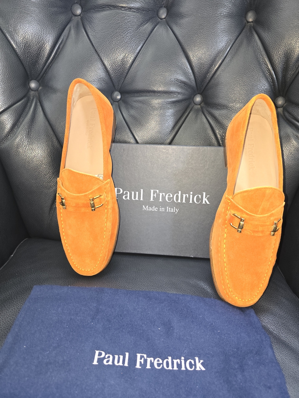 Paul Fredrick Tangerine Suede Slip-On Loafers with Gold Hardware